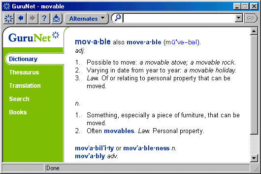 Example of Word Definition displayed by GuruNet