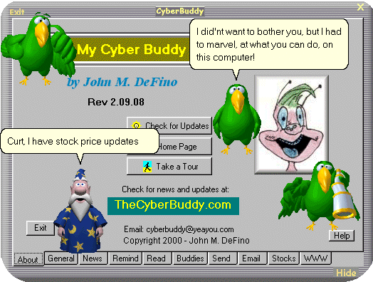 CyberBuddy About tab with Agent Characters Peedy and Merlin