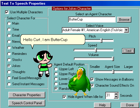 CyberBuddy Text To Speech Properties screen with Agent Characters Buttercup and Peedy